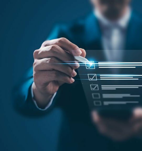 Business performance monitoring concept, businessman using smartphone Online survey filling out, digital form checklist, blue background.